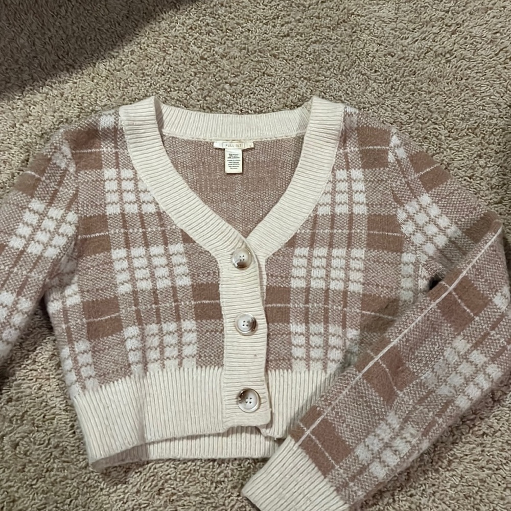 Brown Plaid Knitted Button Cropped Sweater Size Small